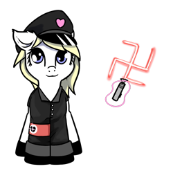 Size: 863x853 | Tagged: safe, artist:neuro, imported from derpibooru, oc, oc only, oc:aryanne, earth pony, pony, bipedal, clothes, female, hat, lightsaber, looking at you, mare, nazi, nazipone, op is trying to start shit, simple background, solo, star wars, swastika