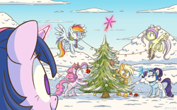 Size: 1280x800 | Tagged: safe, artist:imvicka, imported from derpibooru, applejack, fluttershy, pinkie pie, rainbow dash, rarity, twilight sparkle, earth pony, pegasus, pony, unicorn, alternate hairstyle, antlers, beanie, christmas, christmas ball, christmas decoration, christmas lights, christmas tree, clothes, colored hooves, colored wings, decorating, female, flying, glowing, glowing horn, hat, headband, holiday, hoof hold, horn, levitation, looking at something, magic, mane six, mare, mouth hold, no pupils, open mouth, open smile, outdoors, smiling, snow, spread wings, sweater, telekinesis, tree, turtleneck, two toned wings, wings, winter outfit