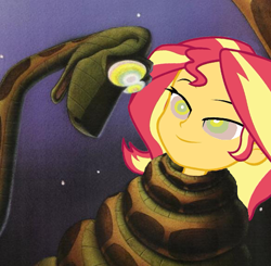 Size: 500x489 | Tagged: safe, artist:ocean lover, edit, imported from derpibooru, sunset shimmer, python, snake, equestria girls, equestria girls series, forgotten friendship, coils, disney, hypno eyes, hypnosis, hypnotized, jungle book, kaa, kaa eyes, night, outdoors, smiling, squeeze, stars, story included, the jungle book, wrapped up