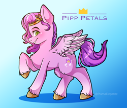 Size: 3000x2550 | Tagged: safe, artist:plumaelegante, imported from derpibooru, pipp petals, pegasus, pony, adorapipp, aside glance, chest fluff, colored hooves, cute, elbow fluff, female, g5, gradient background, high res, looking at you, mare, my little pony: a new generation, name, profile, raised hoof, smiling, solo, sparkles, spread wings, standing, unshorn fetlocks, wings