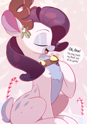 Size: 2154x3059 | Tagged: safe, artist:nookprint, imported from derpibooru, rarity, deer, reindeer, bell, bell collar, candy, candy cane, chest fluff, christmas, collar, eyes closed, food, high res, holiday, open mouth, open smile, profile, rarideer, reindeerified, smiling, solo, species swap, speech bubble