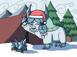 Size: 1280x953 | Tagged: safe, artist:sergeant16bit, imported from derpibooru, yona, yak, christmas, cloven hooves, grin, hat, holiday, ice, one eye closed, pine tree, santa hat, smiling, snow, tent, tree, wave, wink