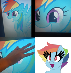 Size: 1097x1122 | Tagged: safe, artist:moodi, imported from derpibooru, rainbow dash, human, pegasus, pony, dank memes, eyelashes, finger, irl, irl human, meme, photo, solo, vulgar description, wat, what the hay?