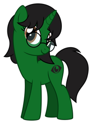 Size: 1808x2429 | Tagged: safe, artist:lightning stripe, artist:limedreaming, edit, imported from derpibooru, vector edit, oc, oc only, oc:ambitious gossip, pony, unicorn, derpibooru community collaboration, 2022 community collab, black mane, black tail, brown eyes, female, full body, glasses, green pony, happy, horn, looking at you, mare, request, requested art, show accurate, simple background, smiling, smiling at you, solo, standing, tail, transparent background, unicorn oc, vector