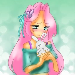 Size: 1000x1000 | Tagged: safe, artist:janja2010, imported from derpibooru, angel bunny, fluttershy, rabbit, equestria girls, animal, bare shoulders, blushing, duo
