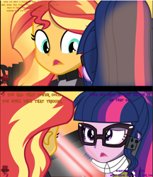 Size: 2287x2644 | Tagged: safe, artist:jcpreactyt, imported from derpibooru, sci-twi, sunset shimmer, twilight sparkle, equestria girls, blue eyes, clothes, engrish, female, glasses, hair, high res, jacket, lesbian, light, ponytail, purple eyes, scarf, scitwishimmer, shipping, sunsetsparkle, sword art online, text