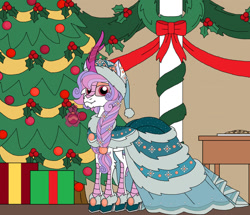 Size: 1024x881 | Tagged: safe, artist:rosefang16, imported from derpibooru, oc, oc only, oc:prince pearlescent moonstone, kirin, christmas, christmas tree, clothes, crossdressing, dress, holiday, holly, kirin oc, male, tree, wreath