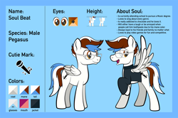 Size: 1920x1275 | Tagged: safe, artist:alexdti, imported from derpibooru, oc, oc only, oc:soul beat, pegasus, pony, brown eyes, clothes, folded wings, full body, glasses, lidded eyes, looking back, male, multicolored mane, multicolored tail, open mouth, open smile, pegasus oc, raised hoof, reference sheet, smiling, solo, spread wings, stallion, standing, tail, wings