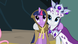 Size: 1920x1080 | Tagged: safe, imported from derpibooru, screencap, clover the clever, princess platinum, rarity, twilight sparkle, pony, unicorn, hearth's warming eve (episode), season 2, 1080p, cloak, clothes, crown, cute, female, front view, hug, jewelry, mare, raribetes, regalia, robe, smiling, twiabetes