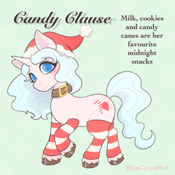 Size: 2048x2048 | Tagged: safe, artist:bluecocoaart, imported from derpibooru, oc, oc:candy clause, pony, unicorn, belt, blue eyes, choker, christmas, clothes, cutie mark, hat, high res, holiday, santa hat, smiling, socks, solo, striped socks, unshorn fetlocks, white hair