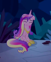 Size: 342x413 | Tagged: safe, imported from derpibooru, screencap, princess cadance, alicorn, pony, a canterlot wedding, season 2, cropped, eyes closed, floppy ears, messy mane, messy tail, scared, scratches, sitting, solo, tail