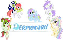 Size: 4096x2605 | Tagged: safe, artist:sjart117, imported from derpibooru, oc, oc only, oc:crocus armoura, oc:miles bright, oc:pillowsoft, oc:tropical feathertang, oc:vanilla le café, oc:watermelana, earth pony, pegasus, pony, derpibooru, derpibooru community collaboration, 2022 community collab, banner, clothes, female, flying, freckles, glasses, gradient hooves, hoof hold, logo, male, mare, meta, ponies riding ponies, riding, simple background, stallion, transparent background