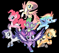 Size: 3693x3277 | Tagged: safe, artist:venommocity, imported from derpibooru, applejack, fluttershy, pinkie pie, rainbow dash, rarity, spike, twilight sparkle, alicorn, pony, alternate design, black background, high res, mane seven, mane six, simple background, twilight sparkle (alicorn)