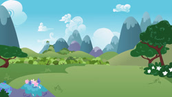 Size: 900x506 | Tagged: safe, artist:joieart, imported from derpibooru, double rainboom, background, cloud, mountain, mountain range, no pony, scenery, tree