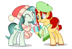 Size: 2908x2000 | Tagged: safe, artist:ashakalovsky, artist:idkhesoff, imported from derpibooru, oc, oc only, oc:iris sparkler, oc:spring mint, earth pony, pony, unicorn, base used, beret, christmas, clothes, cute, duo, ear piercing, earring, eyes closed, female, grin, hat, high res, holiday, jewelry, mare, markings, multicolored hair, piercing, present, raised hoof, santa hat, scarf, simple background, smiling, transparent background, unshorn fetlocks