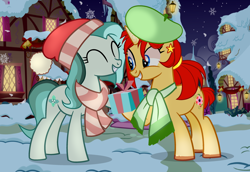 Size: 2908x2000 | Tagged: safe, alternate version, artist:ashakalovsky, artist:idkhesoff, imported from derpibooru, oc, oc only, oc:iris sparkler, oc:spring mint, earth pony, pony, unicorn, base used, beret, christmas, clothes, cute, duo, ear piercing, earring, eyes closed, female, grin, hat, high res, holiday, jewelry, mare, markings, multicolored hair, night, piercing, present, raised hoof, santa hat, scarf, smiling, snow, snowflake, unshorn fetlocks