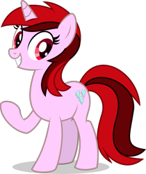 Size: 1721x2051 | Tagged: safe, artist:thatusualguy06, derpibooru exclusive, imported from derpibooru, oc, oc only, oc:double red, pony, unicorn, derpibooru community collaboration, 2022 community collab, female, grin, horn, looking at you, mare, raised hoof, shadow, simple background, smiling, smiling at you, solo, transparent background, unicorn oc, vector