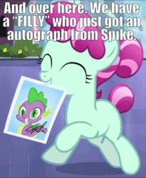 Size: 788x960 | Tagged: safe, edit, edited screencap, editor:undeadponysoldier, imported from ponybooru, screencap, cherry valley, spike, crystal pony, dragon, pony, the crystalling, autograph, bow, crystal empire, cute, explanation in the description, eyes closed, female, filly, foal, hair bow, happy, mouth hold, signed, solo focus, spike the brave and glorious, spikelove