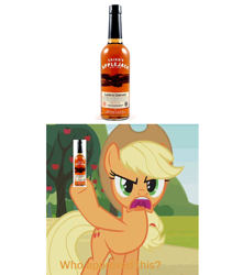 Size: 756x856 | Tagged: safe, artist:thegamerpainter, edit, edited screencap, imported from derpibooru, screencap, applejack, earth pony, pony, alcohol, angry, apple, apple tree, applejack (drink), asking, caption, episode needed, food, hood hold, image macro, open mouth, solo, text, text edit, tree, uvula