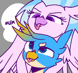 Size: 1026x952 | Tagged: safe, artist:berrysoda10, imported from derpibooru, gallus, silverstream, griffon, hippogriff, beak, female, gallstream, hug, lowres, male, mlem, playful, shipping, silly, straight, text, tongue out