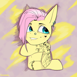 Size: 2000x2000 | Tagged: safe, artist:kirasunnight, imported from derpibooru, fluttershy, pegasus, pony, alternate hairstyle, ear piercing, earring, female, grin, high res, jewelry, mare, nose piercing, nose ring, piercing, raised hoof, smiling, solo, tattoo