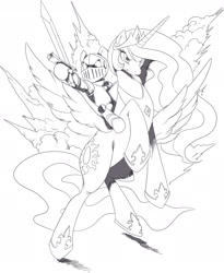 Size: 2475x3019 | Tagged: safe, artist:nauyaco, imported from derpibooru, derpy hooves, princess celestia, alicorn, pony, angry, armor, derpy riding celestia, explosion, high res, monochrome, riding, spread wings, sword, traditional art, weapon, wings