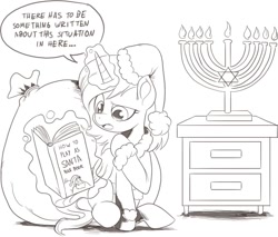 Size: 1102x939 | Tagged: safe, artist:nauyaco, imported from derpibooru, pony, unicorn, book, candle, christmas, confused, dialogue, hanukkah, hat, holiday, levitation, magic, menorah, sack, santa hat, solo, telekinesis