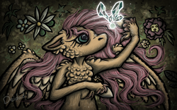 Size: 1920x1200 | Tagged: safe, artist:deidad dissitum, imported from derpibooru, fluttershy, butterfly, insect, pegasus, pony, belly button, cheek fluff, chest fluff, dark, disturbing, exhausted, eyelashes, female, floppy ears, flower, hooves, light, looking, lying, mare, plants, shining, solo, spread wings, unshorn fetlocks, wings