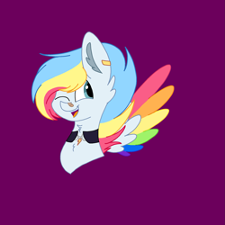 Size: 2067x2067 | Tagged: safe, artist:circuspaparazzi5678, artist:senpai-breanna5678, imported from derpibooru, oc, oc:rainbow strikes, pegasus, pony, accessory, bandaid, bandaid on nose, bust, colored wings, ear piercing, earring, high res, jewelry, magical lesbian spawn, multicolored wings, offspring, parent:rainbow dash, parent:zipp storm, parents:zippdash, piercing, portrait, rainbow wings, solo, wings