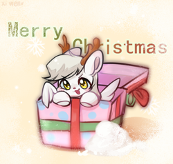 Size: 1200x1140 | Tagged: safe, artist:xi wen, imported from derpibooru, oc, oc:concentric rings, pegasus, pony, >:3, antlers, blushing, box, christmas, holiday, pony in a box, present, snow