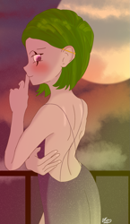 Size: 1163x2000 | Tagged: safe, artist:ukedideka, imported from derpibooru, oc, oc:quizzical aphre, human, ass, backless, backless dress, balcony, blushing, butt, clothes, cloud, cloudy, ear piercing, female, humanized, looking back, moon, piercing, smiling, solo