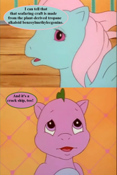 Size: 961x1440 | Tagged: safe, edit, edited screencap, editor:korora, imported from derpibooru, screencap, spike (g1), wind whistler, dragon, pegasus, pony, my little pony 'n friends, the magic coins, baby, baby dragon, chemistry joke, cute, dialogue, female, g1, g1 spikabetes, implied crack ship, male, mare, pun, reaction image, sesquipedalian loquaciousness, speech bubble, talking, whistlerbetes