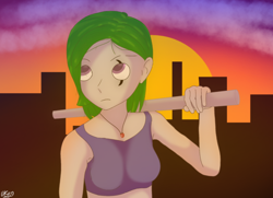 Size: 1080x784 | Tagged: safe, artist:ukedideka, imported from derpibooru, oc, oc:quizzical aphre, human, city, cityscape, clothes, ear piercing, humanized, improvised weapon, jewelry, looking up, necklace, pendant, piercing, simple background, solo, sports bra, sunset