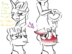 Size: 1152x864 | Tagged: safe, artist:dsstoner, imported from derpibooru, fancypants, oc, oc:anon, oc:femanon, human, pony, unicorn, blushing, blushing profusely, comic, ear blush, interspecies, male, saddle, shocked, shocked expression, stallion, tack, text