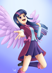 Size: 2500x3500 | Tagged: safe, artist:fadlihalimns, imported from derpibooru, twilight sparkle, alicorn, human, bow, clothes, high res, humanized, looking at you, open mouth, reaching, skirt, solo, twilight sparkle (alicorn), winged humanization, wings