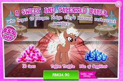 Size: 1035x684 | Tagged: safe, idw, imported from derpibooru, toffee truffle, earth pony, pony, advertisement, brown coat, brown fur, costs real money, english, female, gameloft, gem, idw showified, mare, numbers, official, sale, solo, solo focus, table, tail, text, white mane, white tail