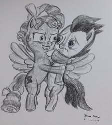 Size: 1840x2048 | Tagged: safe, artist:rockhoppr3, imported from derpibooru, cozy glow, rumble, pegasus, pony, duo, grayscale, monochrome, this will not end well, traditional art