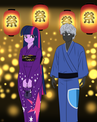 Size: 2000x2500 | Tagged: safe, artist:chuyryu, imported from derpibooru, twilight sparkle, oc, oc:lee enfield, human, equestria girls, canon x oc, clothes, date, female, festival, high res, kimono (clothing), lantern, male