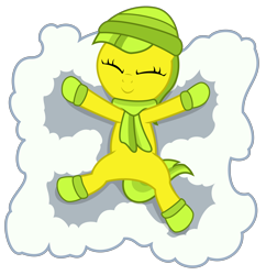 Size: 4320x4460 | Tagged: safe, artist:strategypony, imported from derpibooru, oc, oc only, oc:lemon drop, earth pony, clothes, eyes closed, female, filly, hat, lying down, scarf, simple background, snow angel, socks, transparent background, winter, winter hat