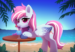 Size: 2400x1670 | Tagged: safe, artist:dinoalpaka, imported from derpibooru, oc, oc only, oc:evening skies, pegasus, pony, alcohol, beach, cocktail, commission, drink, female, mare, solo, straw