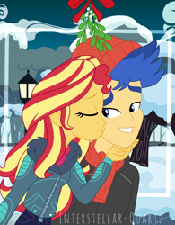 Size: 2689x3448 | Tagged: safe, artist:interstellar-quartz, imported from derpibooru, flash sentry, sunset shimmer, equestria girls, clothes, female, flashimmer, high res, jacket, kissing, male, mistletoe, scarf, shipping, straight