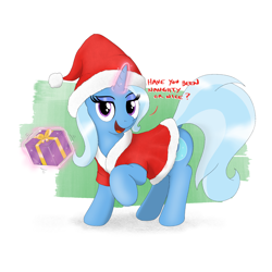 Size: 2016x2016 | Tagged: safe, artist:eels, imported from derpibooru, trixie, pony, unicorn, christmas, hat, high res, holiday, levitation, lidded eyes, magic, santa hat, smiling, solo, telekinesis