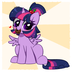 Size: 4576x4608 | Tagged: safe, artist:kittyrosie, imported from derpibooru, twilight sparkle, alicorn, pony, absurd resolution, alternate hairstyle, blushing, christmas, cookie, cute, female, floating heart, food, heart, holiday, holly, mare, mouth hold, sitting, small wings, smiling, solo, spread wings, twiabetes, twilight sparkle (alicorn), wings