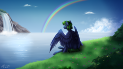 Size: 3960x2228 | Tagged: safe, artist:lunciakkk, imported from derpibooru, oc, oc only, oc:zultar green, pegasus, pony, cloud, commission, grass, high res, male, rainbow, scenery, solo, stallion, water, waterfall