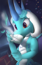 Size: 2400x3697 | Tagged: safe, artist:auroriia, imported from derpibooru, princess ember, dragon, christmas, cup, dragoness, drinking, female, high res, holiday, present, solo