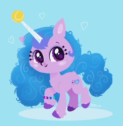 Size: 1602x1637 | Tagged: safe, artist:kiguren, imported from derpibooru, izzy moonbow, pony, unicorn, ball, blue background, bracelet, chibi, eyelashes, female, g5, horn, horn impalement, hornball, izzy's tennis ball, jewelry, mare, my little pony: a new generation, simple background, smiling, solo, tennis ball, unshorn fetlocks