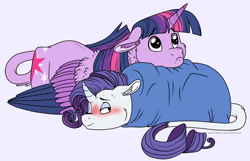 Size: 1136x733 | Tagged: safe, artist:arcticwaters, imported from derpibooru, rarity, twilight sparkle, alicorn, pony, unicorn, blanket, blanket burrito, blushing, female, flushed face, leonine tail, lesbian, mare, one eye closed, rarilight, shipping, sick, sweat, tail, twilight sparkle (alicorn)