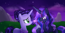 Size: 1773x899 | Tagged: safe, artist:gihhbloonde, imported from derpibooru, oc, oc only, alicorn, unicorn, alicorn oc, base used, clothes, duo, eyelashes, female, frown, hoof shoes, horn, night, outdoors, stars, unicorn oc, wings