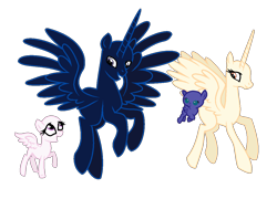 Size: 1166x840 | Tagged: safe, artist:gihhbloonde, imported from derpibooru, oc, oc only, alicorn, pony, alicorn oc, baby, baby pony, bald, base, eyelashes, female, flying, group, horn, mare, simple background, smiling, transparent background, wings