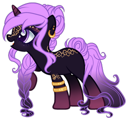 Size: 1230x1160 | Tagged: safe, artist:gihhbloonde, artist:pegasski, imported from derpibooru, oc, oc only, pony, unicorn, base used, bracelet, braid, clothes, ear piercing, earring, eyelashes, female, horn, jewelry, mare, piercing, simple background, smiling, solo, tattoo, transparent background, unicorn oc